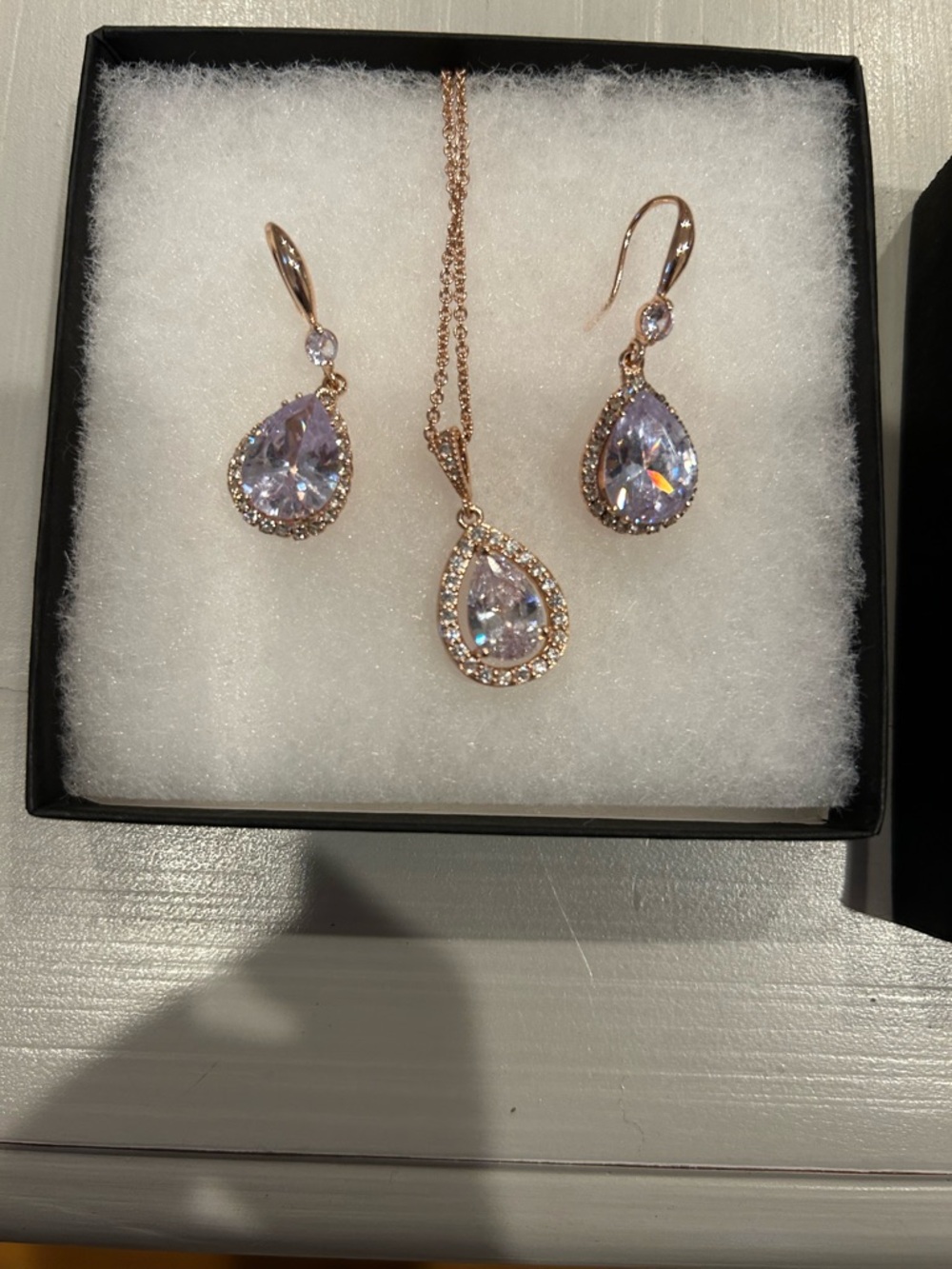 Rose Gold Teardrop Cubic Zirconia Necklace & Earrings Set - Lavender Stones